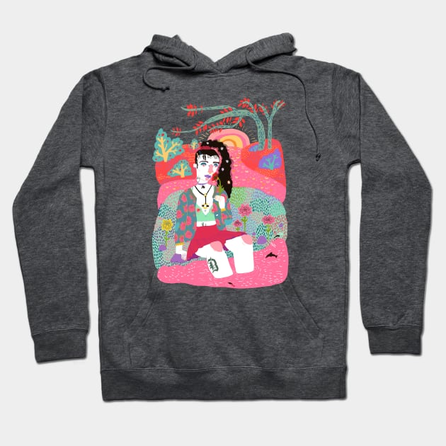 Girl sitting alone in the grass by the river Hoodie by ezrawsmith